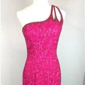 Vintage 90's Scala Fushia Pink Silk Hand Beaded One Shoulder Formal Dress Large